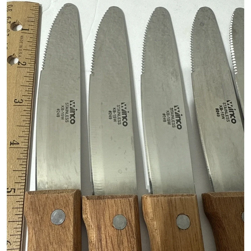 Winco KB-15W #249 Jumbo Steak Knife w/ 5in Heavy Duty Blade LOT Of 6 Wood Handle